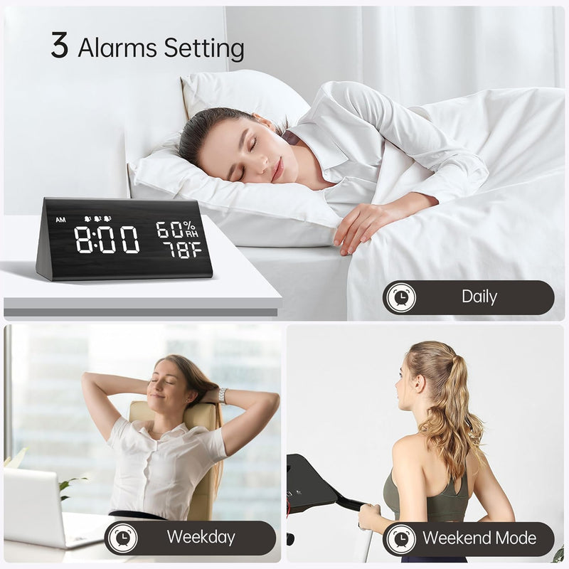 Digital Alarm Clock, with Wooden Electronic LED Time Display, 3 Alarm Settings, Humidity & Temperature Detect, Wood Made Electric Clocks for Bedroom, Bedside (Black) Black