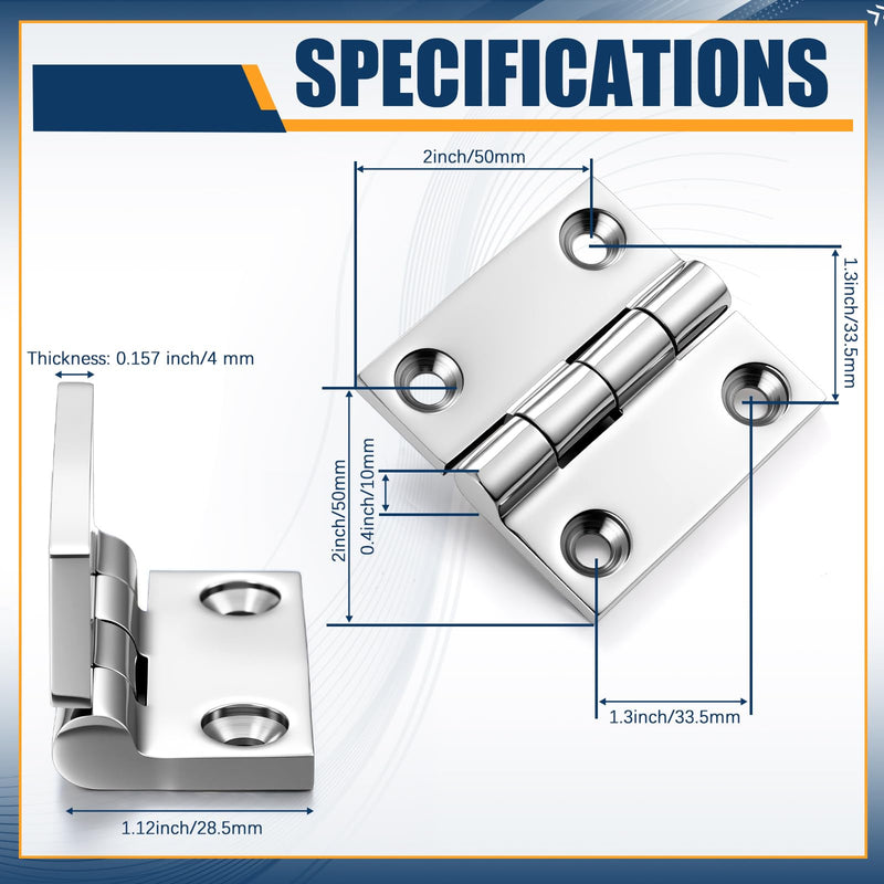 BBTO 6 Pack 316 Stainless Steel Hinges Marine Grade 2" x 2" Heavy Duty Hatch Hinges with Screws for Boat, Yacht, Cabinet Door, Home Use