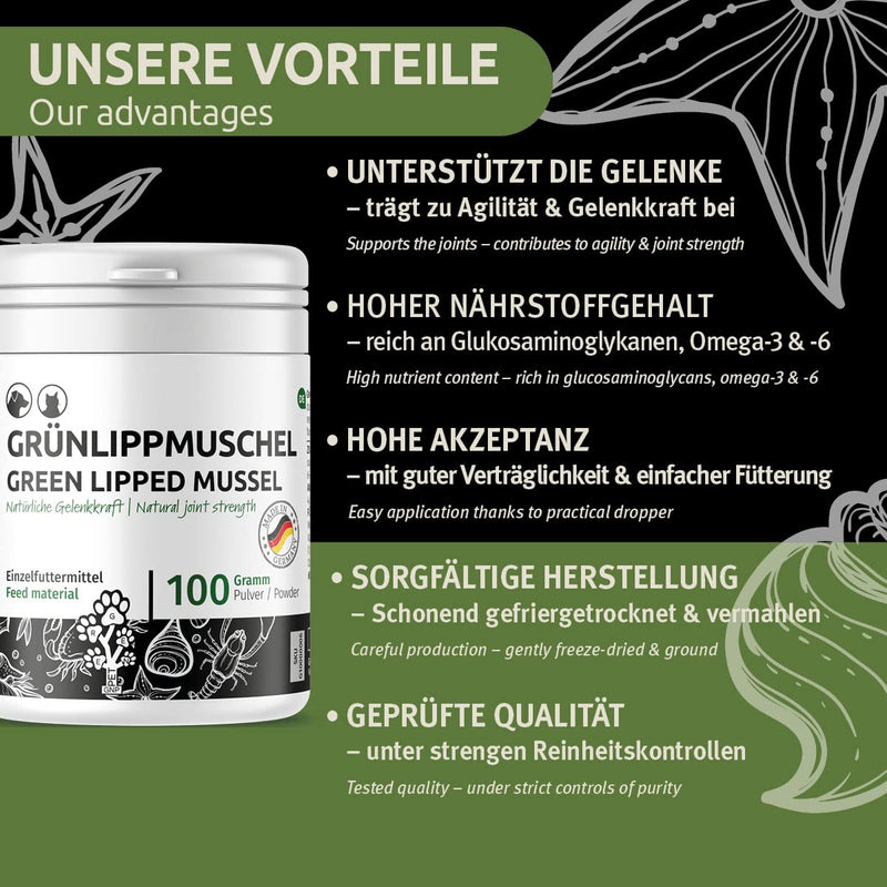 GreenPet green-lipped mussel for dogs and cats 100g - natural green-lipped mussel powder to support joint function, green-lipped mussel for dogs and cats, high acceptance - PawsPlanet Australia