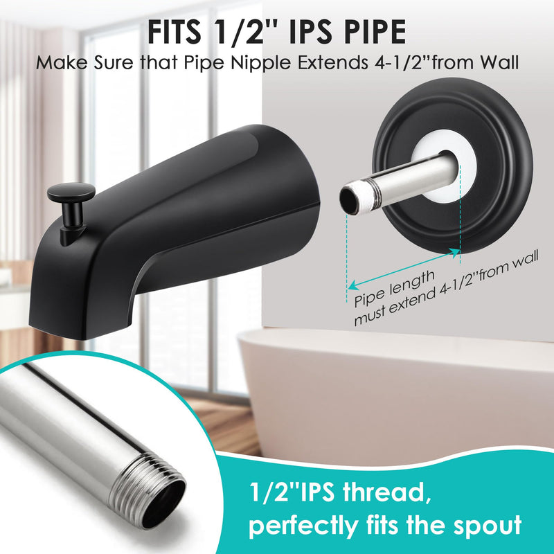 Enhon Universal Bathroom Tub Spout with Metal Tub Spout Cover Ring, 5 1/4 Inches Reach Wall Front Mount Tub Spout with Shower Diverter 1/2'' IPS Inside Thread Bathtub Faucet Spout (Matte Black) Matte Black