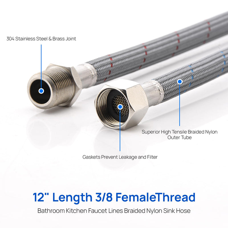 J-HVA Faucet Supply Lines Length 12" x G 3/8, 9/16 Female x 9/16 Male Thread Connector Braided Nylon Extension Hoses for Bathroom Kitchen Sink Faucet Hose Filter, 304 Stainless Steel Nut (1 Pair)