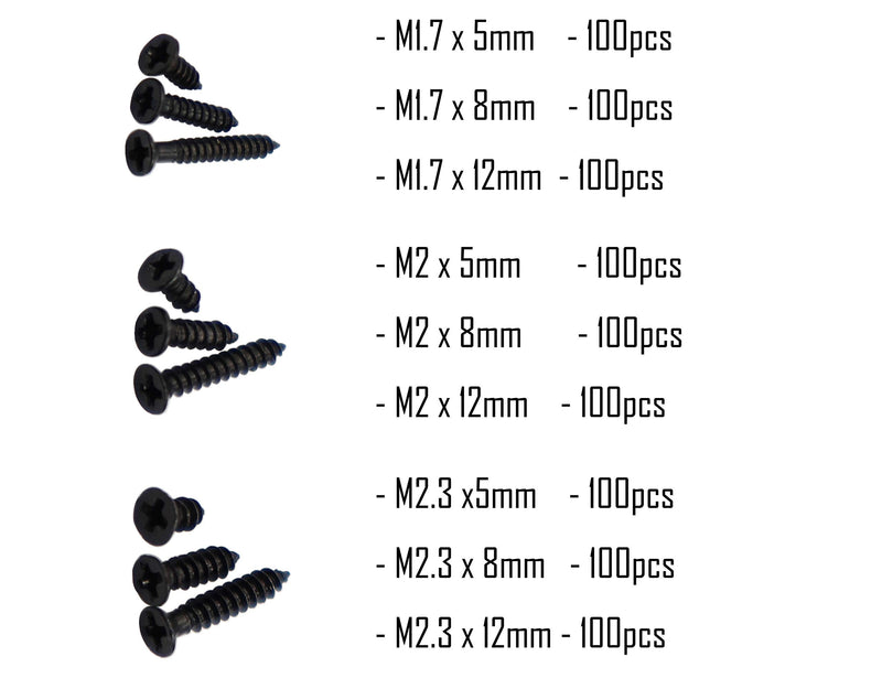 LBY 900pcs M1.7 M2 M2.3 x 5mm / 8mm/ 12mm Flat Head Self-Tapping Sheetmetal Screw Assortment Kit Mini Wood Screws 9 Sizes Combination Carbon Steel Black