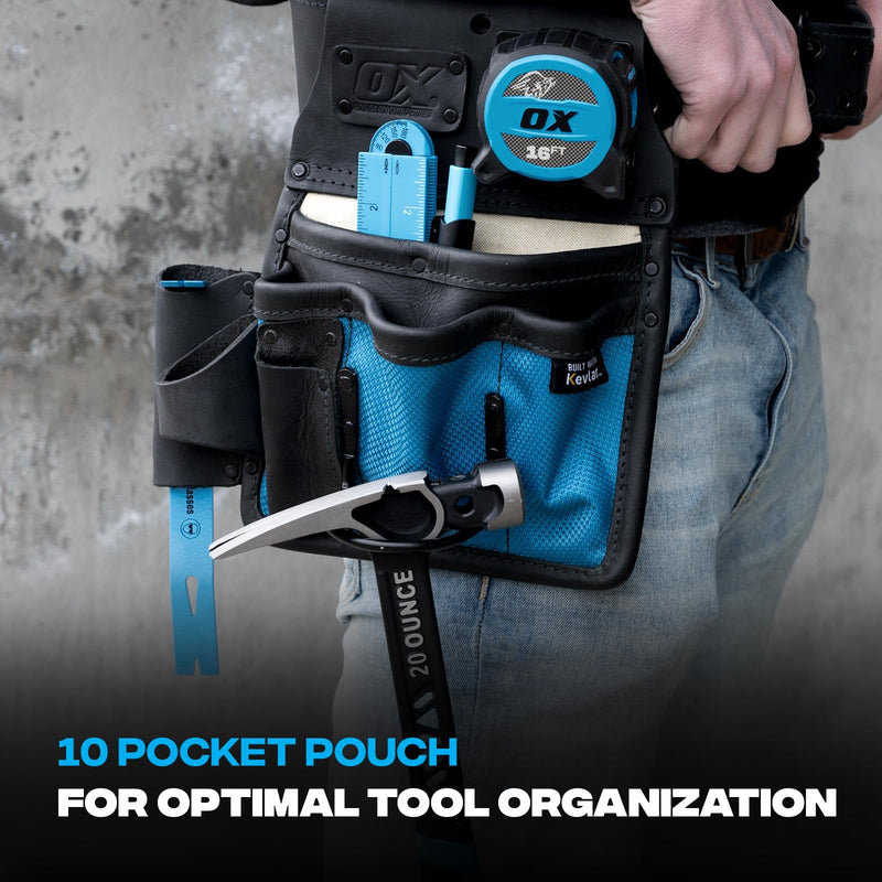 OX 10-Pocket Leather & Nylon Drywall Tool Pouch with Kevlar | Top-grain leather + 1680D ballistic nylon - hammer holder, tape holder - fits 2 to 3 in work belts