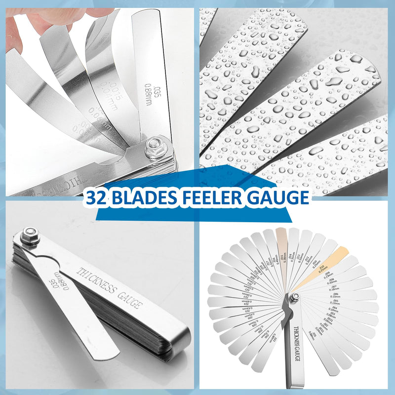 Feeler Gauge Set Stainless Steel Thickness Gauge 32 Blades 0.04-0.88 mm (0.0015-0.035 Inch) Dual Marked Metric and Imperial Measuring Tools for Measuring Gap Widths and Thicknesses
