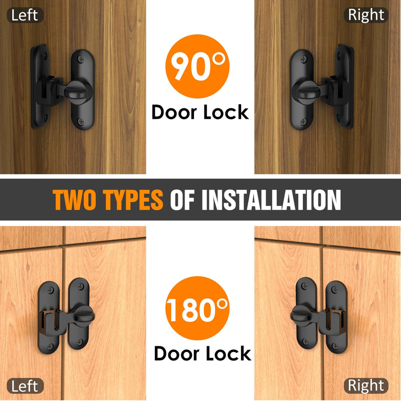 Barn Door Lock – Small 90/180 Degree Flip Sliding Door Latch Heavy Duty Bar Gate Latches Safety Slide Lock for Bathroom, Garden, Bedroom, Cabinet (Black-2Pack) Black-2Pack