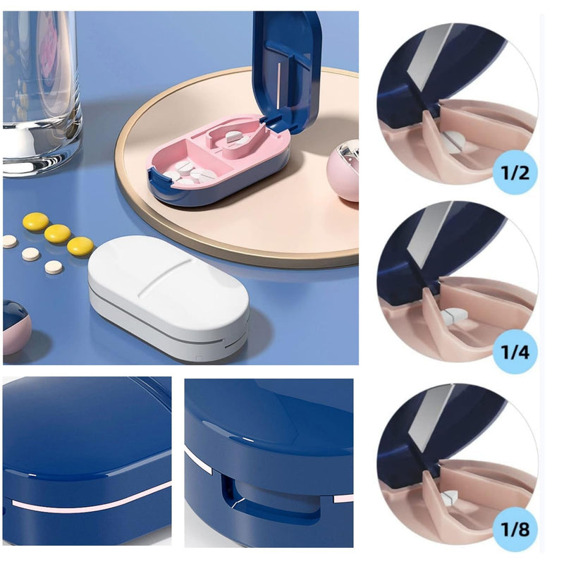 2 in 1 Pill Cutter and Splitter with Stainless Steel Blade for Cutting Small or Large Pills, Travel Mini Medicine Dispenser Box, Supplement Sorter, Fish Oil Planner, Perfect for Traveling Q-white