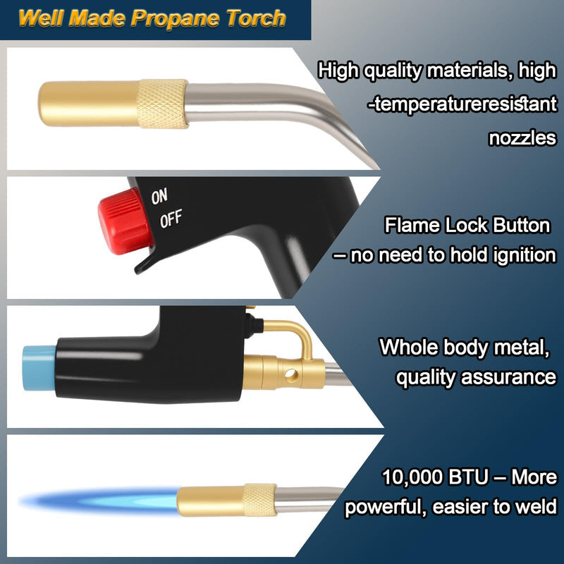 TS4000 Trigger-Start Torch Head,MAPP/Propane Gas Torch Kit with Push Button Start - Angled Burner Handheld Torch for Light Welding, Soldering, Brazing, Heating, Thawing and More