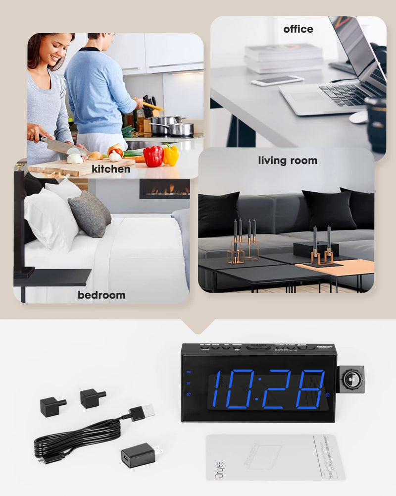 OnLyee Projection Alarm Clock for Bedroom, LED Digital on Ceiling Wall with USB Phone Charging, Battery Backup, 180° Rotatable Projector & Dimmer, 12/24H, DST, Snooze, Dual Loud Bedside Heavy Sleeper Black