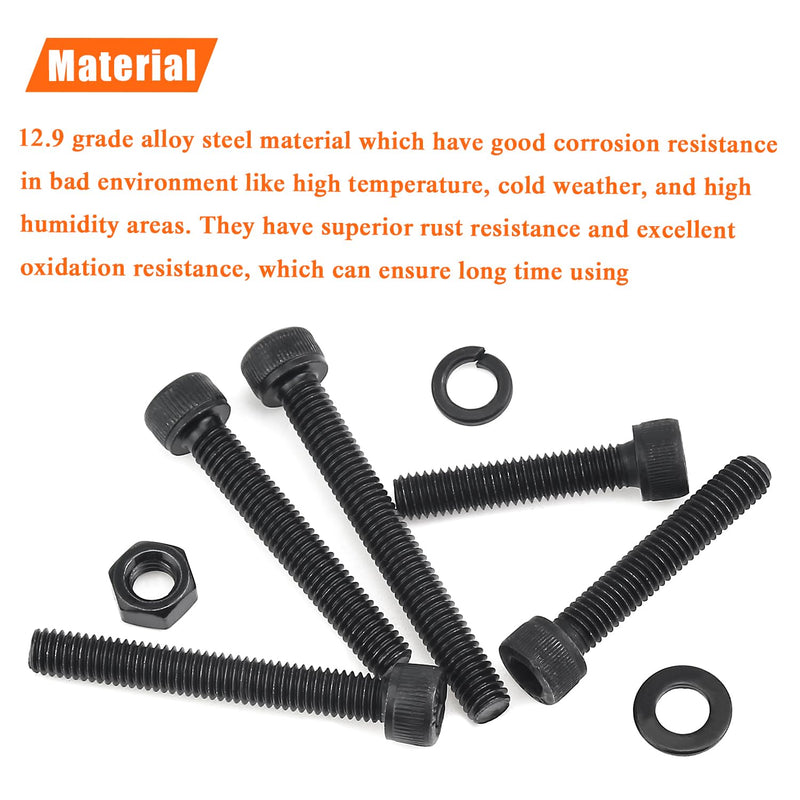 80 Pieces M6 x 30mm /35mm /40mm /45mm /50mm, Hex Socket Head Cap Metric Screws Bolts Washers Nuts Kit, 12.9 Grade Alloy Steel, Fully Threaded, Black M6 x 30/35/40/45/50mm