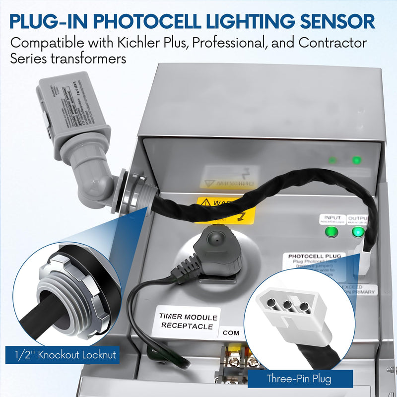 Plug in Photocell, IP44 Waterproof Lighting Sensor Compatible with Kichler Plus/Professional Series Transformers, Fits Standard 1/2" Knock Outs, 120V Dusk to Dawn Sensor for Outdoor Lights