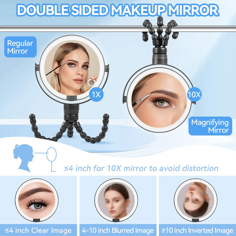 KOOKIN Travel Makeup Mirror with Lights and Magnification 1X/10X, Lighted Makeup Mirror, Rechargeable, 3 Color Lighting, Dimmable, 360° Rotation, Double Sided, Hanging Handheld Mirrors (Black) Black