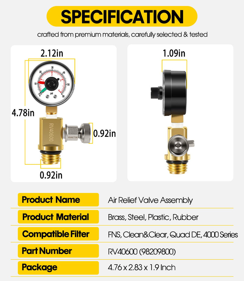 98209800 High Flow Manual Relief Valve/Air Relief Manual Valve Assembly with Pressure Gauge, Replacement for Pool and Spa Filter (RV40600 (98209800 Brass)) RV40600 (98209800 brass)