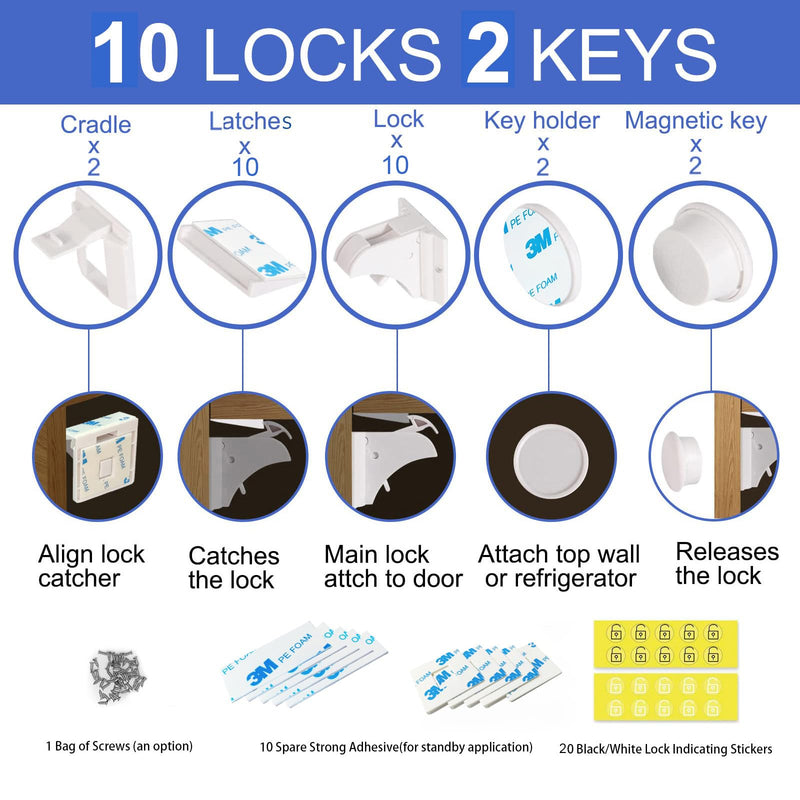 Magnetic Cabinet Locks Baby Proofing - 10 Locks & 2 Keys, No Drill Adhesive Safety Latches for Cabinets & Drawers, Child Proof Lock for Kitchen, Strong Magnet Key to Open, Easy Installation