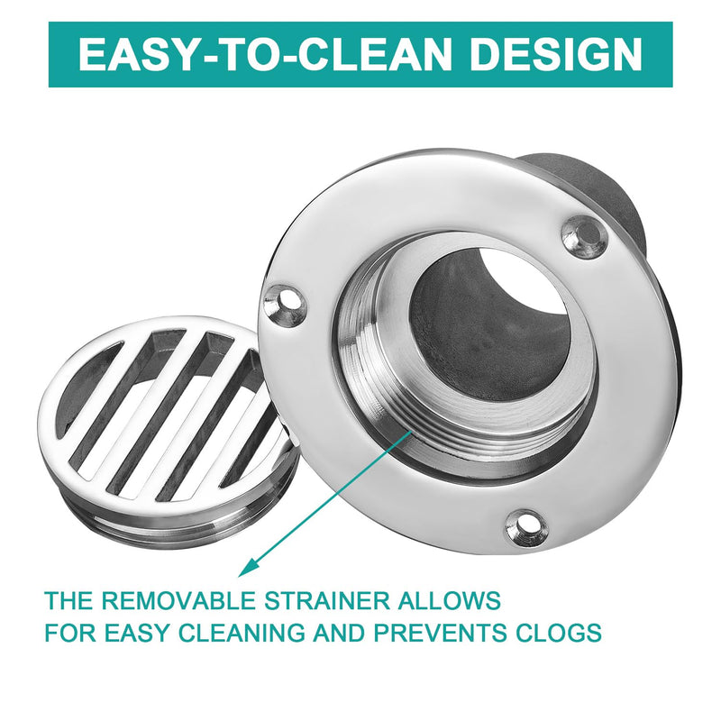 Boat Deck Floor Drain, 1-1/2 Inch Flush-Mount Marine Deck Drain, 316 Stainless Steel Drain Fitting with Screws