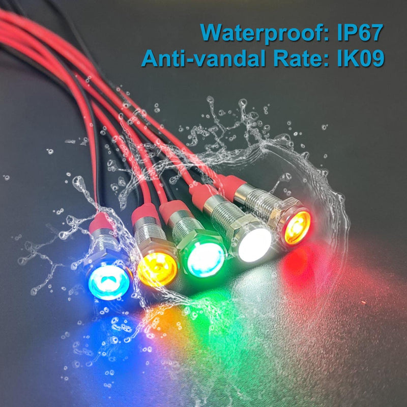 5Pcs 12V-24V Energy Saving LED Indicator Light Mounting Hole 12mm (0.47") 20mA Waterproof Wide Flat Head Signal Lamp Pilot Dash Directional with Wire (Mixed Color: White Red Yellow Blue Green) Mix