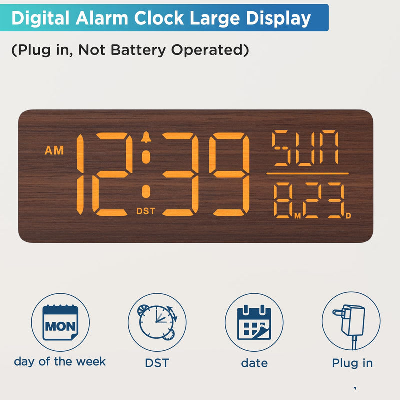 Peakeep Wooden Digital Alarm Clock Large Display, Textured Desk Table Decoration for Bedroom, Living Room, Plug in Clock with Time Date Day, 5 Brightness, Auto DST Brown (Plug In)