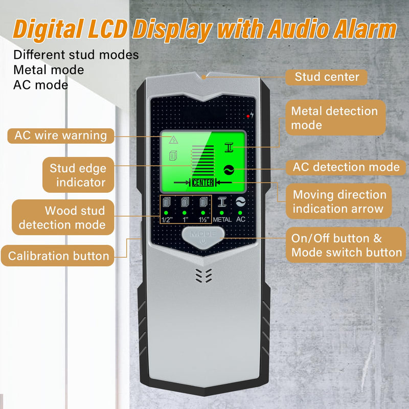Stud Finder Wall Scanner, 5 in 1 Multifunctional Wall Detector Scanner with Upgraded Smart Sensor, HD LCD Display & Audio Alarm for the Center and Edge of Wood, Metal, AC Wire & Studs Pipe Detection