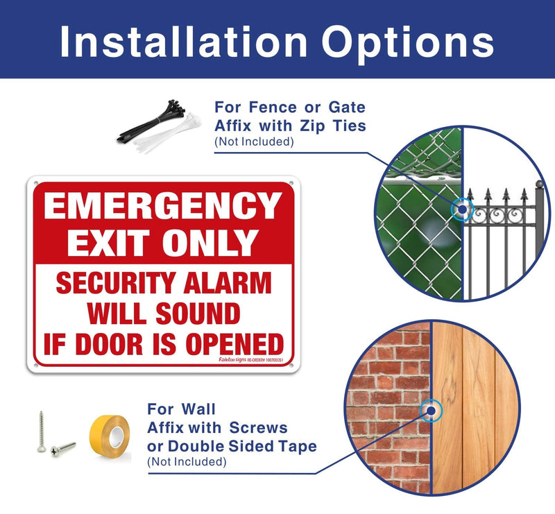 Emergency Exit Only - Security Alarm Will Sound If Door Is Opened Sign, 2 Pack, 10 x 7 inch .40 Rust Free Aluminum, UV Protected, Weather Resistant, Waterproof, Durable Ink, Easy to install Red and White- Aluminum - 2 Pack