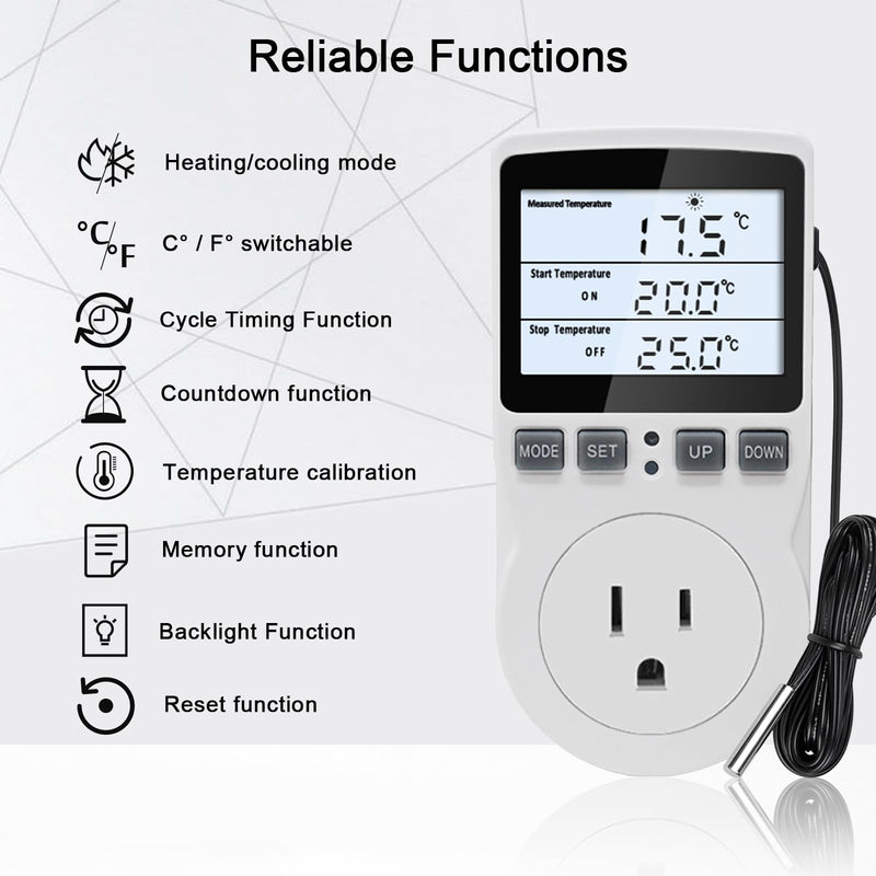 KETOTEK Digital Temperature Controller Thermostat Outlet Plug 120V with LCD Backlight, Heating Cooling Temperature Controlled Outlet 110V 15A with 3m Sensor Backlit Style