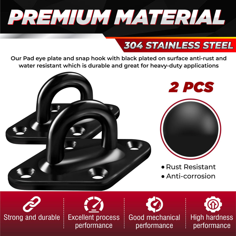 [Upgraded] 1700 lb Capacity 2PCS M10 Stainless Steel Pad Eye Hooks+2PCS 10MM Snap Hook + 8PCS Heavy Duty Screws for Hammock Hanging Kit, Swing Hanging, Wall/Ceiling Mount, Indoor & Outdoor
