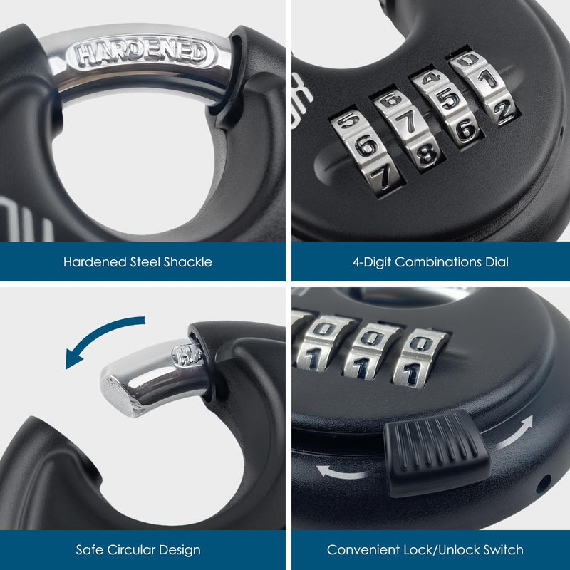HOX Combination Lock, 4 Digit Disc Padlock with 3/8 Inch Hardened Steel Shackle, 2-3/4 Inch Zinc Alloy Wide Body, Keyless Heavy Duty Combo Lock for Hasp Latch, Sheds, Fences, Storage Locker (4 Pack) 4 Pack