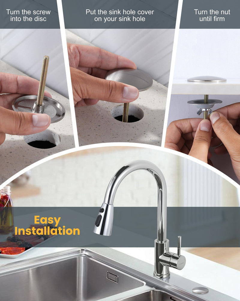 Kitchen Sink Hole Cover, Faucet Hole Cover for Kitchen Sink, Tap Hole Plate Stopper Cover Blanking Brass Metal Plug, Brushed Stainless Steel