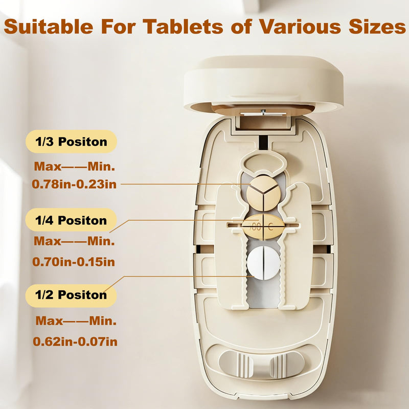 Adjustable 1/4 Pill Cutter Splitter, 1/2 & 1/3 Pill Splitter for Small and Tiny Pills, Hidden Sharp Blade & Dual Fixation Fit for Vitamins, Oval, Long Tablet