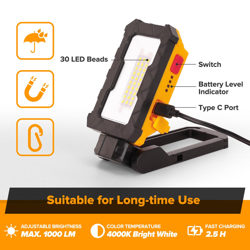 LUTEC Rechargeable Work Light, 1000 Lumens LED Magnetic Light with Magnetic Base and Hanging Hook，360°Rotate and 200°Swivel for Car Repair, Emergency and Camping