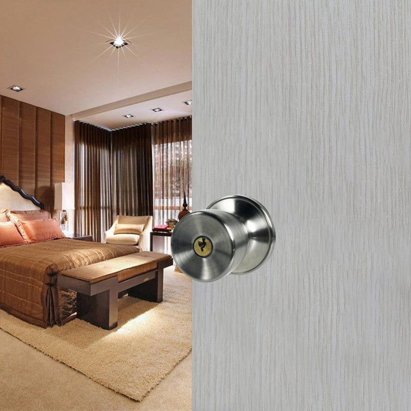 Satin Nickel Door Knob with Lock and Key Round Ball Lock Interior/Exterior Door Knob for Bedroom Or Bathroom (1 Pack) 1 Piece Keyed Entry Stainless Satin ET1