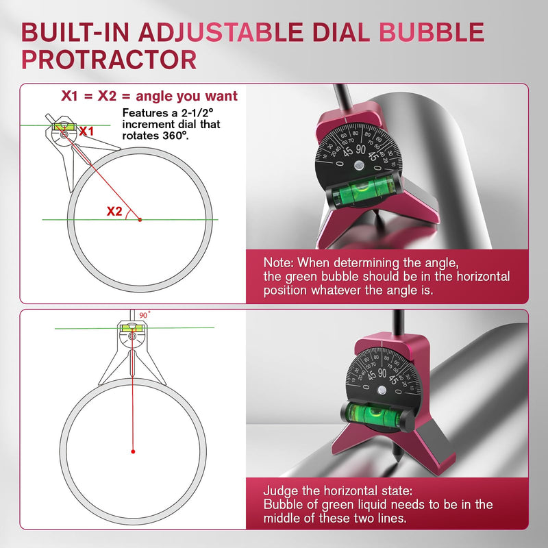 Pipe Center Finder, Pipefitter Tools w/Magnetic Centering Head, Pipe Fitting Tools Center Finder to Measure Pipe Diameter from 1-1/2" to 6" Diameter, 2.75" Y-Shape w/Adjustable Dial Bubble Protractor