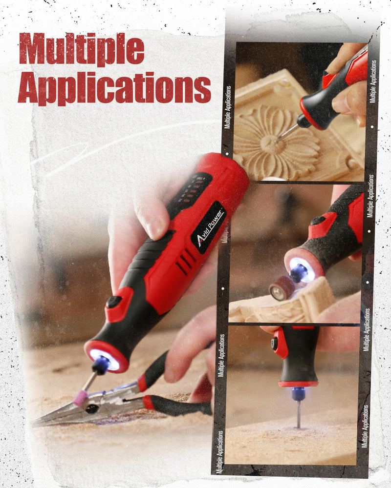 AVID POWER Cordless Rotary Tool 2.0 Ah 8V Rechargeable Rotary Tool, 4 Front LED Lights, 5 Speeds, 60 Pcs Rotary Tool Accessories with Bag for Carving, Engraving, Sanding, Polishing and Cutting - Red