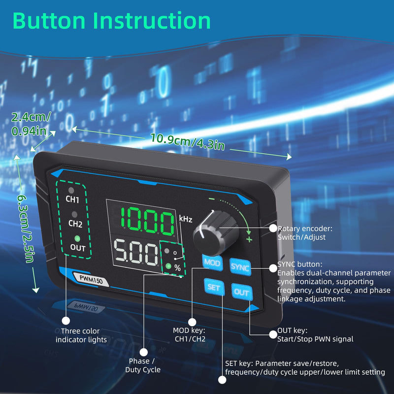 Koolertron Dual-Channel PWM Signal Generator, high-Precision servo Motor Driver, Square Wave Pulse Wave, Adjustable Frequency, Duty Cycle, Phase, etc., with Storage Function