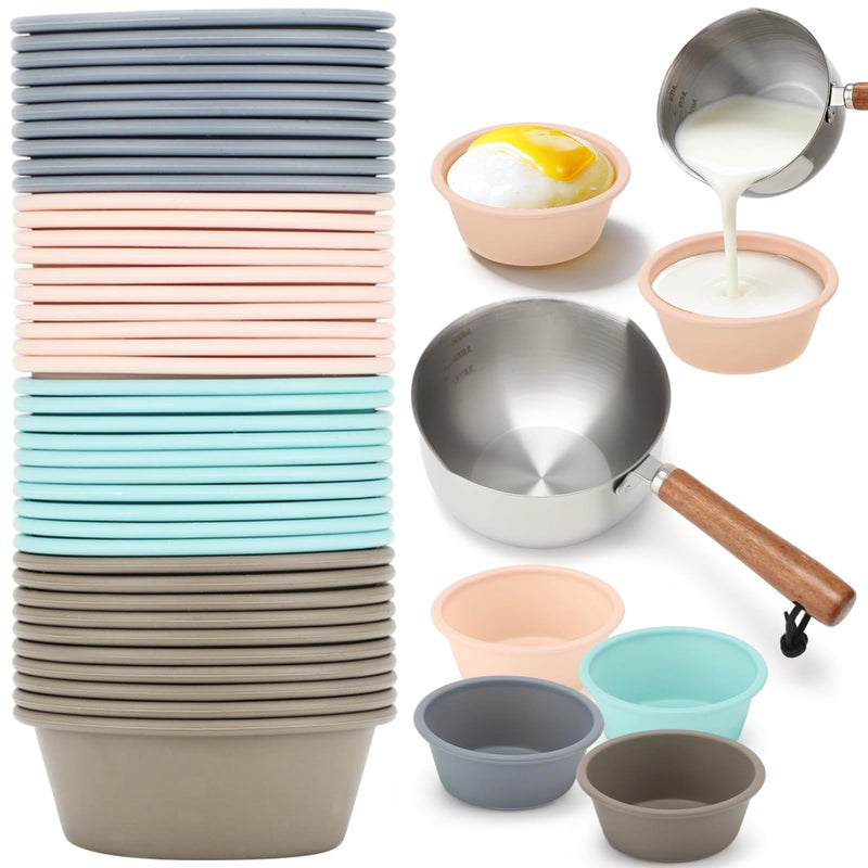 40 PCS Puto Mold Cups for Steamer Filipino with Pouring Measuring Cup, 3 x 1.2 in Reusable Silicone Baking Cups Non Stick, Heat Resistant Steamed Molds for Filipino Puto Muffin Tart Oven Steamer