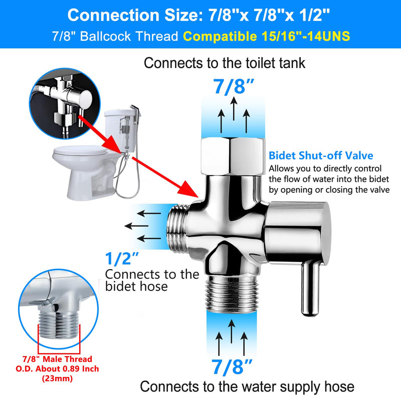 Bidet T Adapter with Shut-off Valve: 3 Way Brass T-valve for Bidet 7/8”X 7/8”X 1/2” - Tee Connector Leakproof Adjust Water Pressure Toilet Attachment Bathroom Installation Metal