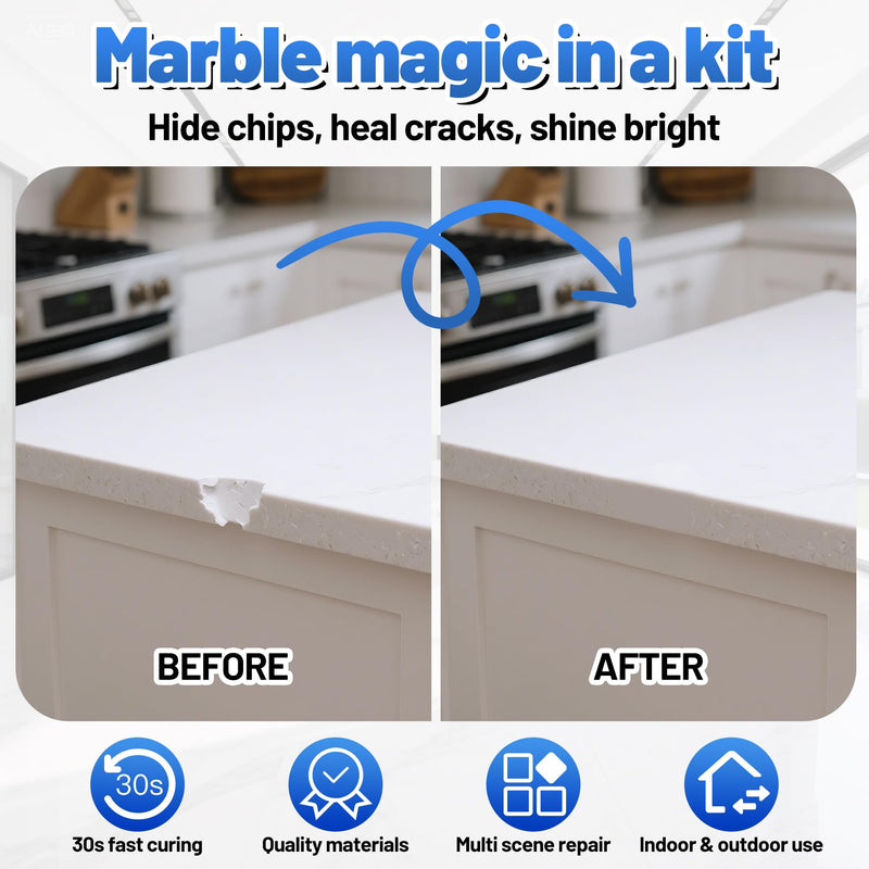 Quartz Countertop Repair Kit 1.7fl.oz / 50ml - 30s Fast Curing DIY Fix Quartz Chip Repair Kit for Cracks Holes & Scratches on Granite Marble Acrylic Fiberglass Porcelain & Corian Surfaces (White)