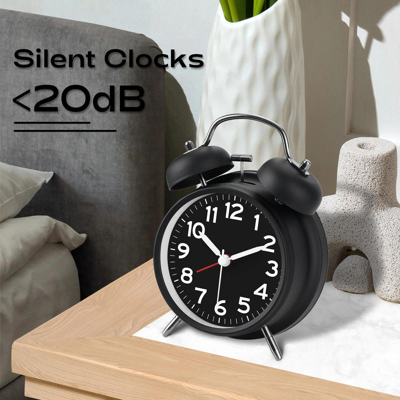 AKCISOT Loud Alarm Clock for Heavy Deep Sleepers, 4.5 Inches Analog Metal Twin Bell Clocks Battery Operated with Backlight for Bedroom Bseide, Old Fashioned for Desk Home Decoration (Black) B_black 4.5 Inch