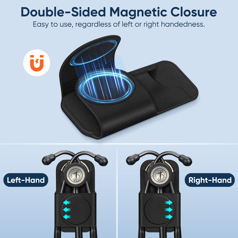 Stethoscope Holder Clip, Magnetic Premium PU Leather Stethoscope Hip Holder Lightweight Portable Holster for Physicians, Nurses, EMT, Medical Students, for 3M Littmann & Most Stethoscope, Black