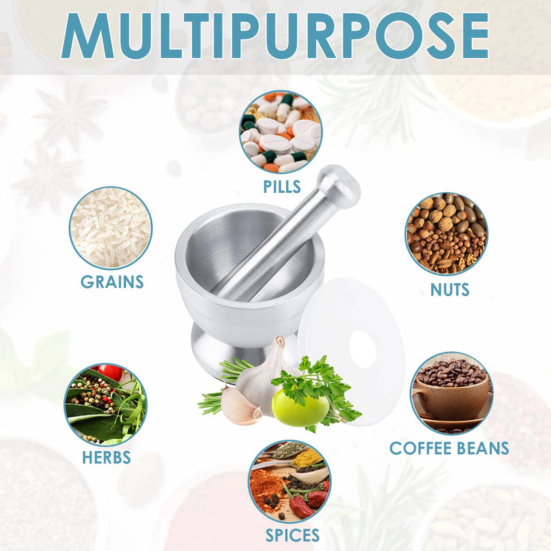 Stainless Steel Mortar and Pestle Set, Spices Grinder Pill Crusher with Silicone Protective Lid - Heavy Duty Mortar Pestle for Molcajete Herb Bowl, Pesto Powder, Spices Herbs Grinder