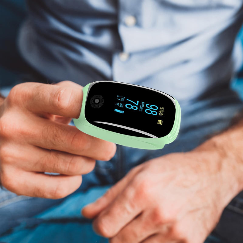 Fingertip Pulse Oximeter with Respiration Rate Monitoring, PI & RR Measurements, Rechargeable Blood Oxygen Monitor with Heart Rate and Fast Spo2 Reading, Pulse Ox with OLED Display, 6 View Modes & Auto-Rotating Screen (Green)
