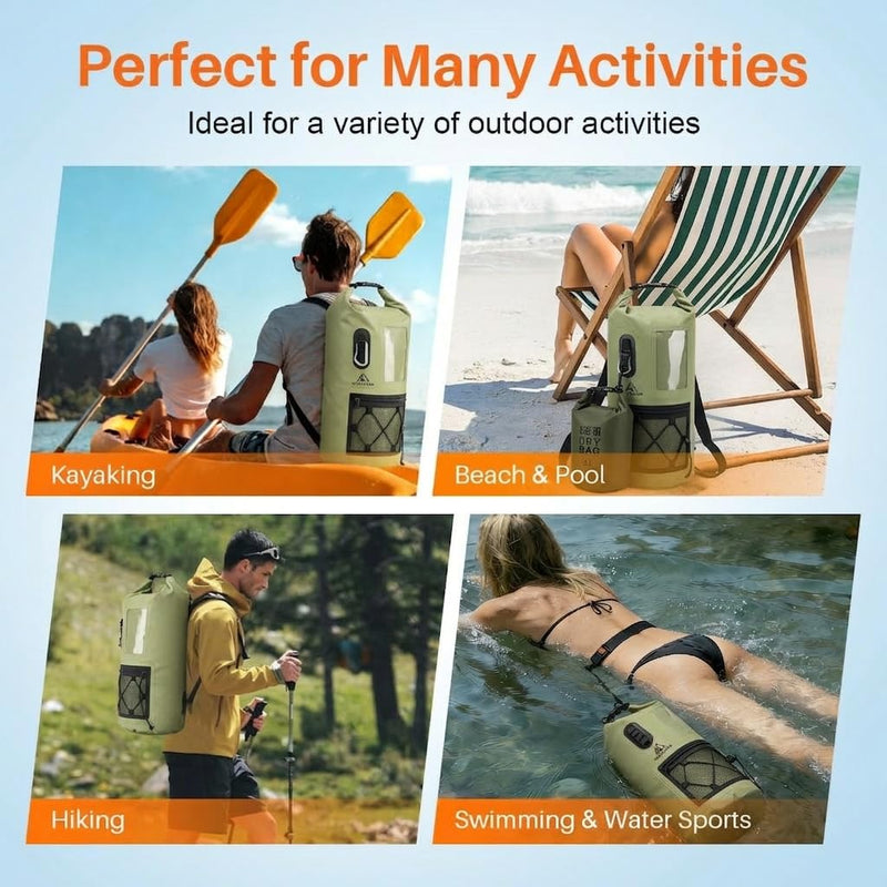 Waterproof Dry Bag 500D PVC Roll Top Dry Sack with 3 Carrying Ways, Lightweight Waterproof Bag for Kayaking, Swimming, Boating, Paddle Boarding, Hiking, Beach (Army Green, 25L) Army Green