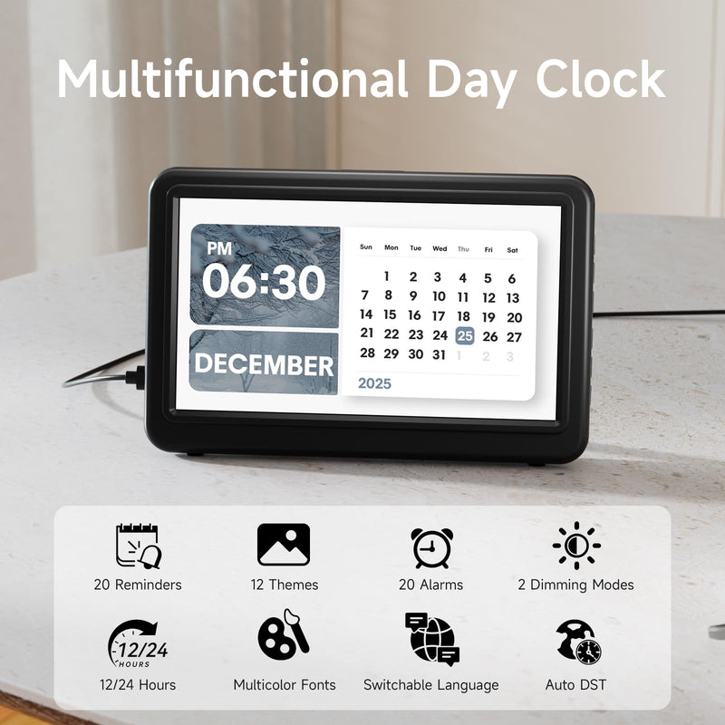 Raynic Date Clock, Digital Clock with 12 Themes, 20 Alarms, 20 Reminders, Semi-Automatic Dimming, 12/24 Hours, Auto DST Clock for Seniors Desktop, Office, Students (Black, 7 Inches) Black