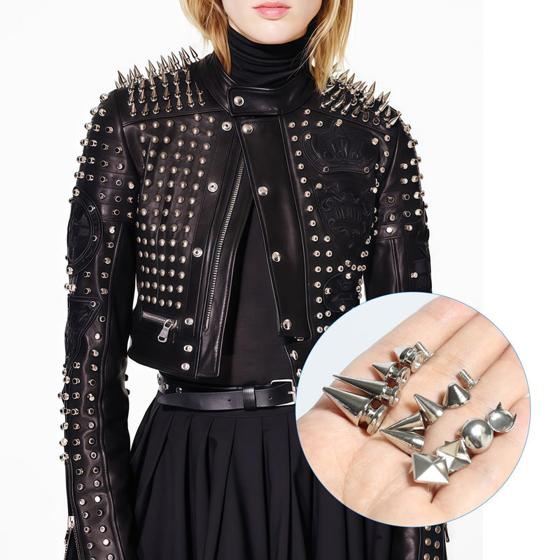 Lohoee 543 Sets Punk Studs and Spikes Kit，8 Size Cone Spikes, Square Pyramid Studs Round Leather Rivets for Leathercraft Clothing Accessories Dog Collar DIY Punk Style Decoration
