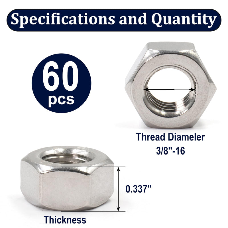 ZQZ 3/8"-16 Hex Nuts,60 Pack 304 (A2-70) Stainless Steel Hardware Nuts,Standard Inch Coarse Thread Nuts 3/8"-16;60 PCS