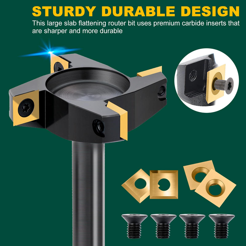 CNC Spoilboard Surfacing Router Bit 1/2'' Shank 2-1/2'' Diameter | 4 Wings Slab Flattening Router Bits with 12mm Titanium Coated Carbide Insert Wood Router Planing Bit Woodworking Tools TiN Coated 1/2" Shank-2-1/2" Cut Dia. (4 Inserts)