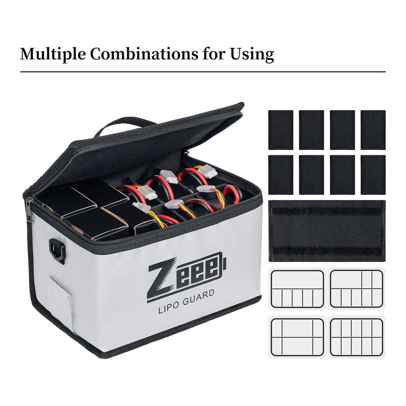 Zeee Lipo Safe Bag Battery Fireproof Large Capacity Storage Guard Battery Safey Pouch for Storage Charging - 10 Cell Adjustable(10.6x6.7x6.7in)
