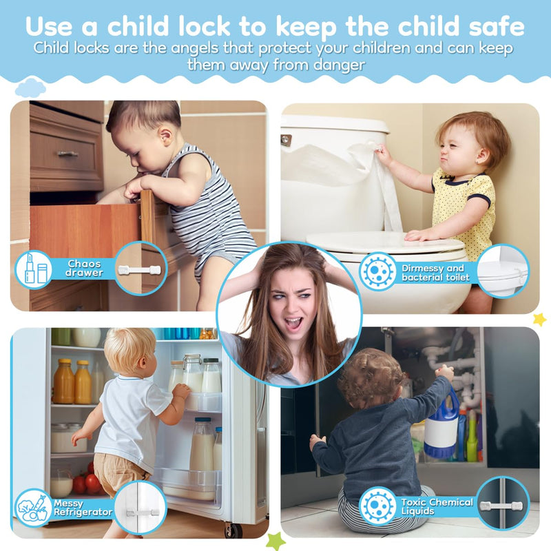 24-Pack Cabinet Locks Baby Proofing - Syican Child Proof Drawer Locks, Multi-Purpose for Drawers, Fridge, Toilet Seat, Trash Can, Ideal Stocking Stuffers, White 24-Count（Pack of 1）