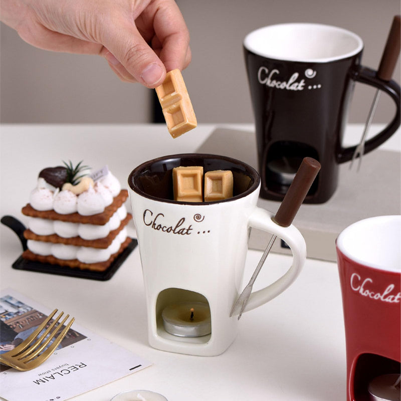 Chocolate Fondue Mug, Premium Ceramic Tealight Candle Heated Melting Cup with Fork for Dessert Parties Romantic Dinners Family Gatherings White 4.7 Inches