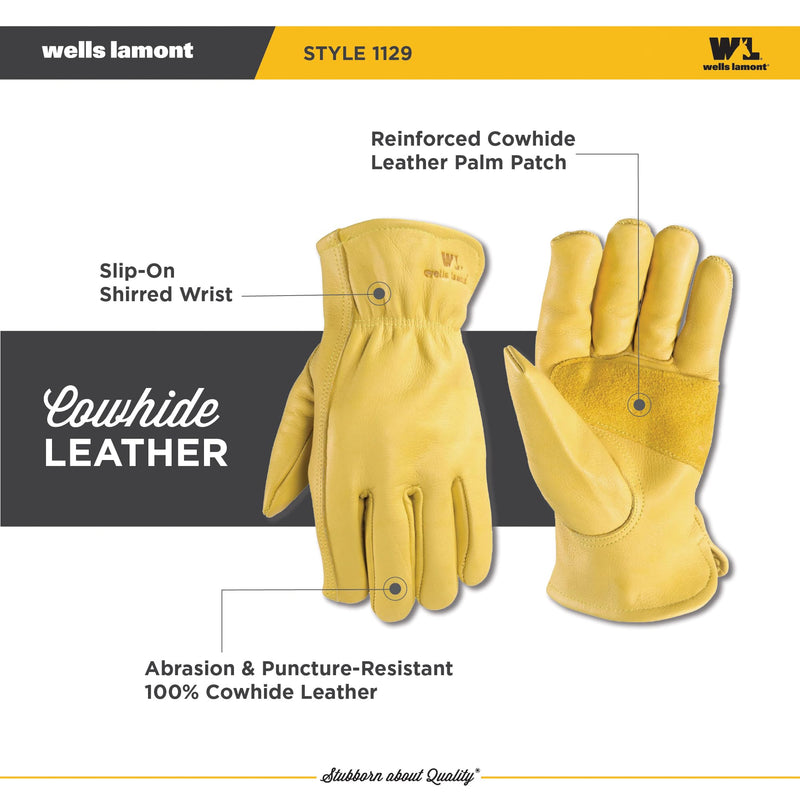 Wells Lamont Leather Work Gloves for Men, Reinforced Cowhide with Palm Patch, Saddletan, Large (1129L) Large (Pack of 1)