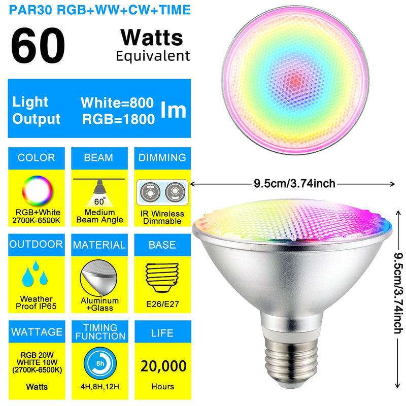2 Pack,PAR30S RGBWCT LED Bulbs,RGB+Warm+Cool White(2700K-6500K)+Timing, LED Flood Light,Indoor/Outdoor,IR Remote Control, Waterproof Lawn Lamp for Home Courtyard Christmas Party Decoration