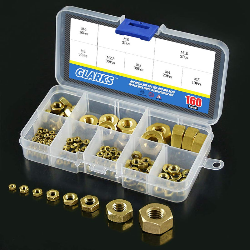 Glarks 160Pcs Metric M2 M2.5 M3 M4 M5 M6 M8 M10 High Strength Brass Hex Nuts Assortment Kit